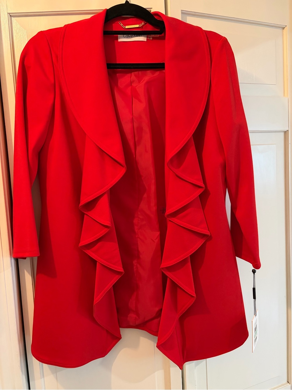 Calvin Klein Women’s Bright Red Ruffle Open-Front Blazer